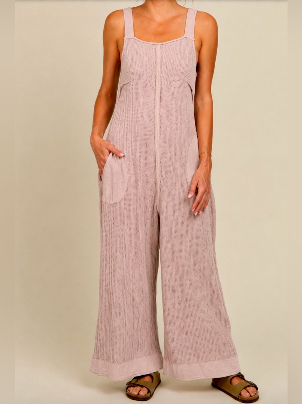 PinkBlush Maternity Jumpsuit Romper Waffle Knit Wide Leg Blush Pink Size XL